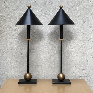 Pair Vintage Sonneman for Kovacs Black &amp; Gold Memphis Design Desk Lamps, 1988 