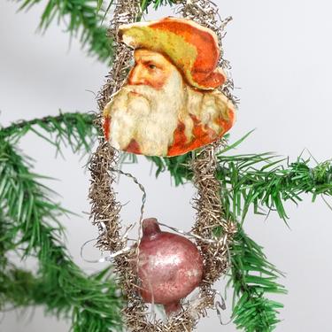 Early 1900's Mercury Glass Christmas Tree Ornament, Vintage Santa Claus Face Scrap with Tinsel 