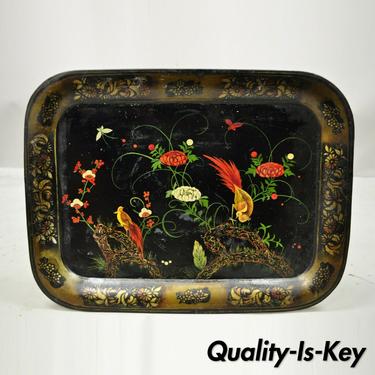 Antique English Victorian Tole Metal Toleware Hand Painted Tray Birds Flowers