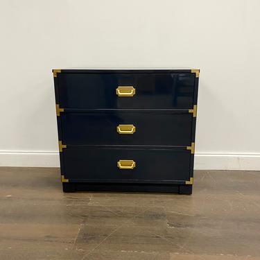 AVAILABLE: Navy Lacquered Campaign Nightstand / Cabinet by Bassett Furniture 