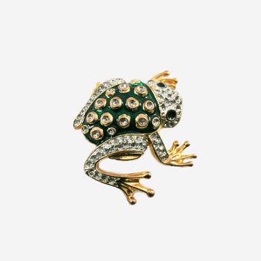 Vintage Frog Brooch - Enamel Green - Rhinestone - Gold Tone - Figural Pin - Novelty - Gift 