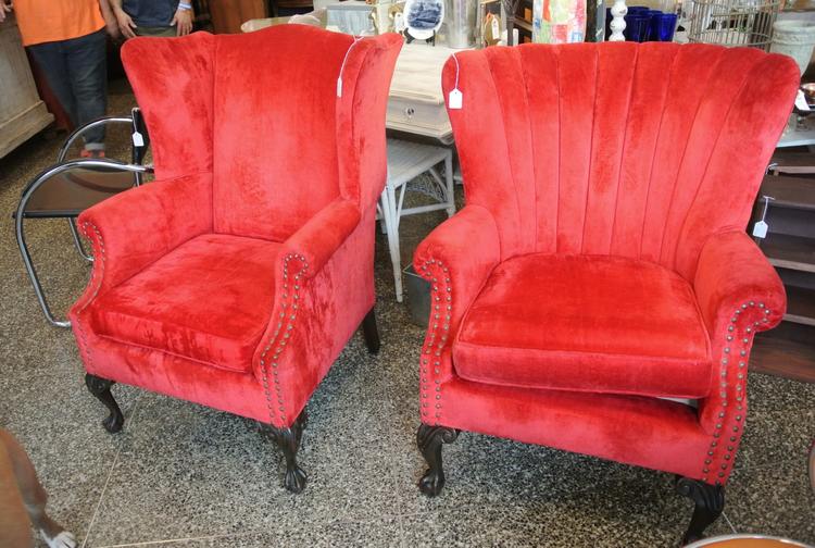 SOLD - red velvet wingback chair $225 each  2 available
