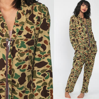 Camo Jumpsuit Army Coveralls Military Jumpsuit Camouflage Print 80s Hunting Boilersuit Pantsuit Vintage Long Sleeve Small Medium 