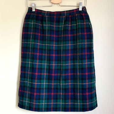 80s 26&amp;quot; Waist Pendleton Green and Navy Plaid Wool Skirt Petite Size 