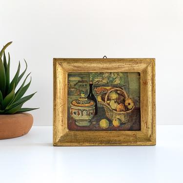 Small Vintage Still Life Lithograph Print, Paul Cezanne, Made in Italy, Gold Framed Still Life of Fruit Basket and Wine 
