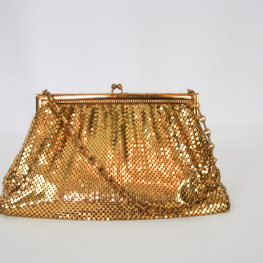 Vintage 40s Purse | Vintage Whiting &amp; Davis gold mesh bag | 1940s gold mesh chain handle handbag 