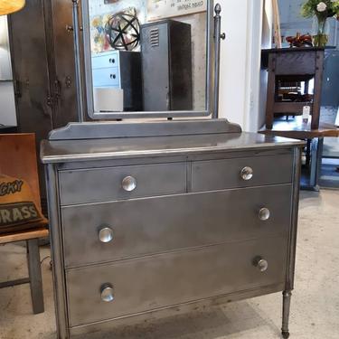 Vintage industrial stripped steel Simmons chest of drawers with mirror 