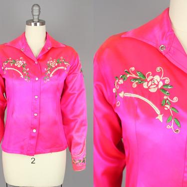 1950s Neon Pink Satin Western Blouse · Vintage 50s Embroidered Shirt · Medium 