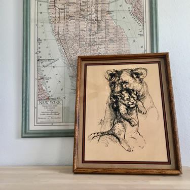 Verily Hammons Framed - Lioness and her cub - art, reversed drawings on glass, 1970s wood frame, California Impressionism, nature, safari 