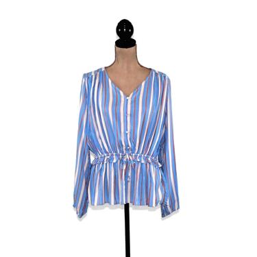 Blue Stripe Shirt Rayon Blouse Women Drawstring Waist Top Casual Loose Fitting Collarless Button Up Long Sleeve Boho Clothing Hippie Clothes 