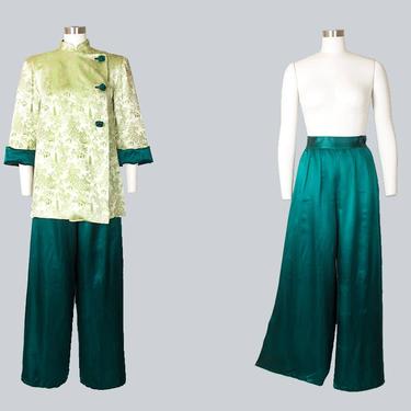 Vintage 1940s Lounge Set | 40s Silk Satin Jacquard Chinese Asian Novelty Jacket High Waisted Wide Leg Pants Suit (medium) 