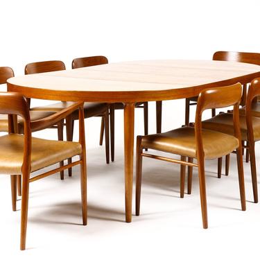 Danish Modern / Mid Century Teak Dining Set — J.L. Moller Model #75 — Leather — 8 Chairs + Large Table 