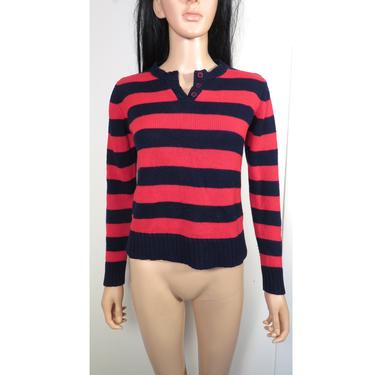 Vintage 70s Red And Navy Blue Striped Acrylic Knit Sweater Size S 