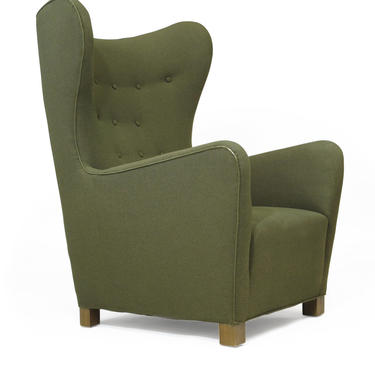 1942 Fritz Hansen Model 1672 Wing Back Chair in the Original Green Wool Fabric