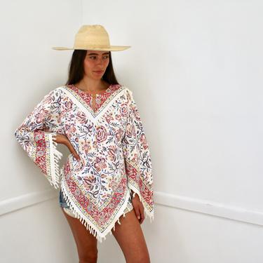 Tapestry Blouse // vintage hand woven 1970s 70s boho cotton dress white hippie hippy tunic Indian // O/S 