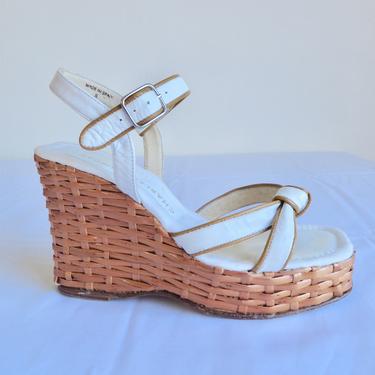 Vintage Size 8 Charles Jourdan White Leather Wicker Platform Heels Strappy Sandals Pin Up Rockabilly Swing French Designer Shoes 1990's 