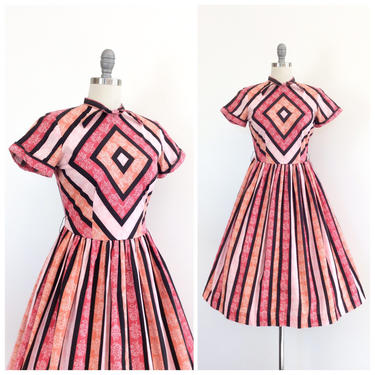 50s Rose Print Stripe Dress / 1950s Vintage Novelty Print Cotton Dress / Medium / Size 6 