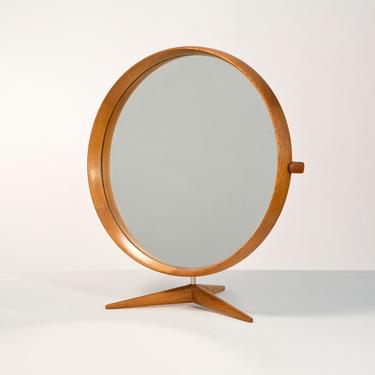 RARE VINTAGE Luxus Oak Table Mirror Model 406 by Uno & Östen Kristiansson. Produced by Luxus in Sweden, 1960s 
