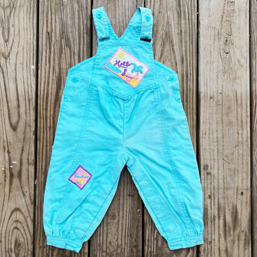 Vintage 80s Joyeux Gamins Happy Kids Ltd Bright Sky Blue Embroidered Beach Themed One Piece Onesie Overalls Playsuit 18 Mos 18M 