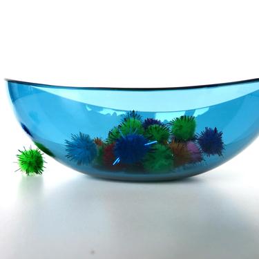 Vintage Sculptural Glass Art Bowl, Modernist Small Blue Glass Candy Dish Catch All 