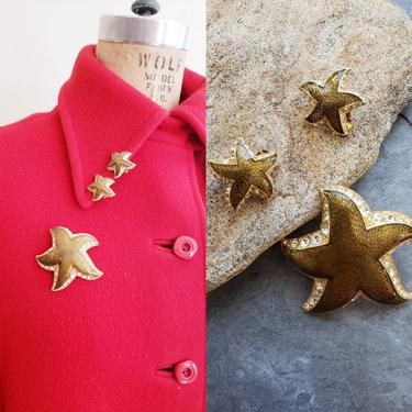 1950s Erwin Pearl Starfish Demi Parure Brooch + Earrings Set / 50s Brown Enamel Gold Rhinestone Sea Star Pin Clips Clip-Ons Signed 