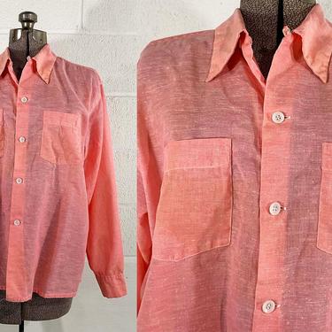 Vintage Salmon Pink Button Front Long Sleeve Shirt Top Collar Blouse Peach Hampton Dan River Wrinkl-shed XL Large 2XL XXL 