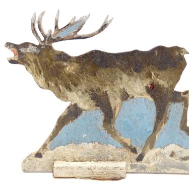 Antique German Hand Painted Wooden Deer,  Vintage Stand Up Toy for Christmas Putz or Nativity Creche, 