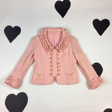1950's 60's pink ruffled tweed suit jacket 50's 1960's frilly ruffle Marie Antoinette Jackie O raw hem pastel wool fitted jacket Berlin M 