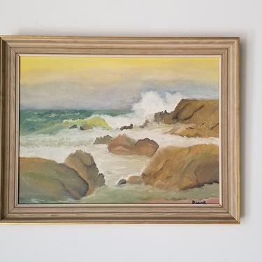 1970s Rocky Shoreline Seascape Oil Painting by Diana, Framed. 