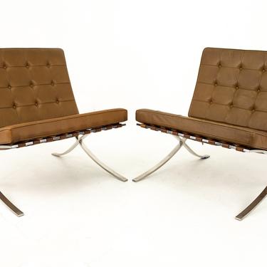 Mies Van der Rohe for Knoll Mid Century Leather and Stainless Steel Barcelona Chairs - Pair 