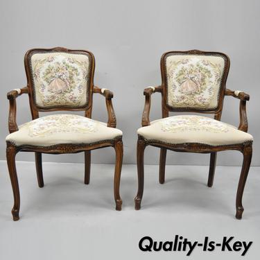 Pair of Vintage French Louis XV Style Floral Tapestry Fabric Chairs Armchairs