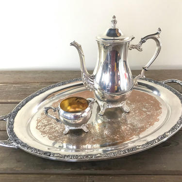 WM Rogers &amp; Son Victorian Rose Silver Tea Service Set, Large 24&amp;quot; Silverplate Embossed Tray, Teapot, Creamer 