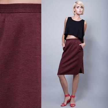 knit skirt, red skirt, burgundy skirt, knee length skirt, vintage 70s curved hem burgundy red S (26&amp;quot; waist) - Small 