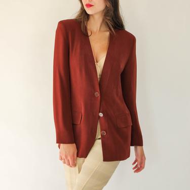 Vintage 80s Anne Klein Rust Red Silk Broad Shoulder Collarless Blazer | 100% Silk | Minimalist, Modern | 1980s Designer Bohemian Silk Jacket 