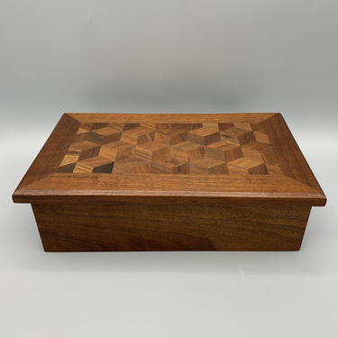 Vintage handmade walnut box with inset parquet design 