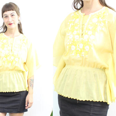 Vintage 70's Semi Sheer Citrine Blouse / 1970's Angel Sleeve Blouse / Embroidered / Women's Size Small Medium by Ru