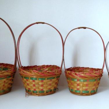Vintage Easter Baskets / Graduated Sizes / Pink and Green / Woven Wicker 