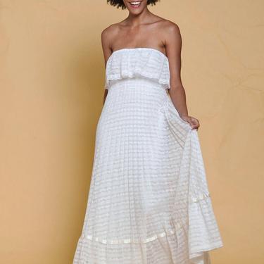 boho maxi dress white lace strapless ruffles bohemian bride bridal vintage 70s XXS XS EXTRA Small 