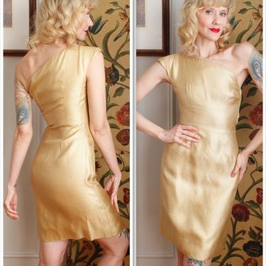 1950s Dress // One Shoulder Gold Lurex Cocktail Dress // vintage 50s dress 