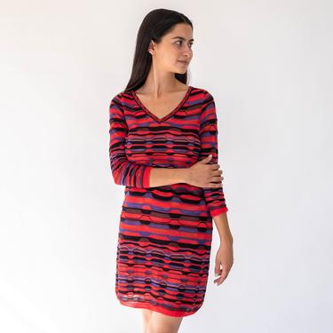 Vintage Missoni Red, Purple, Black &amp; Pink Space Knit Mini Pullover Dress | White Label, Wavy, Zigzag | Y2K 2000s Missoni Designer Boho Dress 