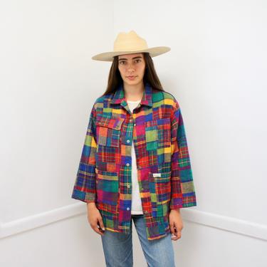 Guess Wool Jacket // plaid boho hippie blanket dress coat blouse 80s 90s oversize rainbow flannel // O/S 