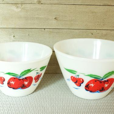 Vintage Fire King Apples Cherries Mixing Bowls, Splash Proof Nesting Bowls, Bowl, Set of 2, Milk Glass, White 2-Piece Set Nesting Bowls 