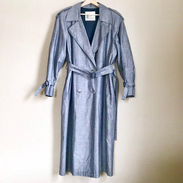 80s L/XL London Fog Chambray Blue Gray Trench Coat with Leather Buckles 