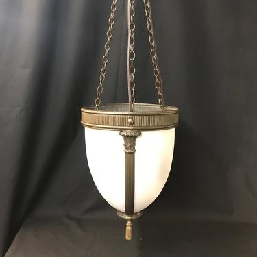 Victorian Electric Light Pendant White Stained Glass Dome 1910 Chandelier Restored 