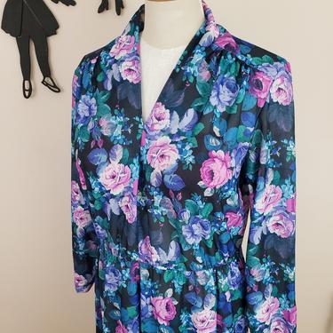 Vintage 1980's Polyester Dress / 80s Floral Day Dress XL 
