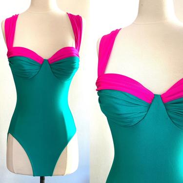 Vintage 80's Teal + Pink GOTTEX PIN UP Swimsuit / One Piece Bathing Suit / M 