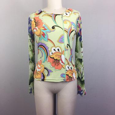 Vintage 90s ALBERTO MAKALI Shirt T-Shirt Psychedelic Floral Op Art Accordion Pleat Sleeves Lime Green Designer S/M 