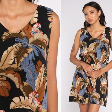 Tropical Bird Dress Hawaiian Dress Sun 90s Mini Sundress Vintage Sleeveless Shift Black Brown Minidress Medium 