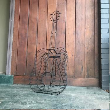 1960s Mid-Century Wire Guitar Sculpture Floor Wall in style of C.Jere or Frederick Weinberg Mad Men Iron 50s 60s 