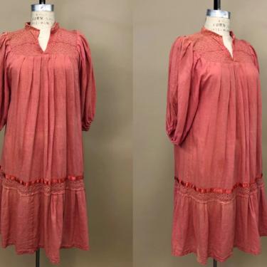 Vintage 1970s Cotton Gauze Dress, Hand Made Mexican Dress, Burnt Sienna Colored Dress, Folk Hippie Mexican, Sold As-Is, Size M/L by Mo